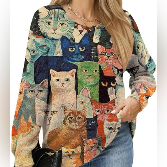 Sweaters - Colorful Oversized Cat Print Sweater